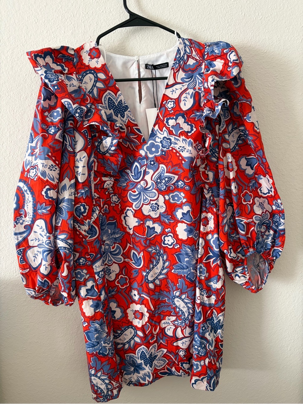 Zara Red, Blue & White Floral Ruffle Mini Dress